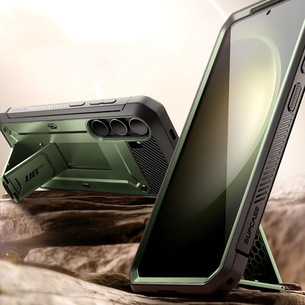 Etui pancerne z osłoną na ekran, z wbudowaną podstawką i kaburą z klipsem obrotowym Supcase Unicorn Beetle Pro do Galaxy S24, zielone
